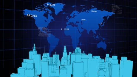 Animation-of-digital-city-over-world-map-and-data-processing-on-black-background