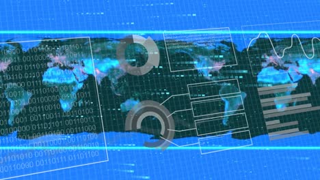 Animation-Der-Datenverarbeitung-über-Weltkarte-Auf-Blauem-Hintergrund