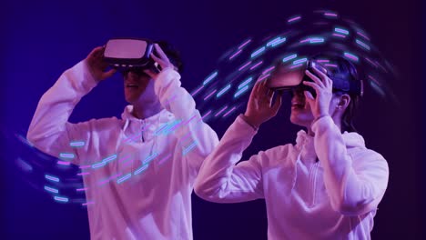 Animation-of-glowing-light-trails-of-data-transfer-and-asian-people-in-vr-headset
