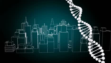 Animation-Eines-DNA-Strangs-über-Einer-Digitalen-Stadt-Auf-Schwarzem-Hintergrund