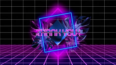 Animation-of-interference-over-neon-shapes-with-thank-you-text,-leaves-and-lines-on-black-background