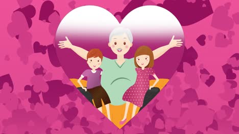 Animation-of-family-icon-with-man-and-son-and-daughter-and-hearts-on-pink-background