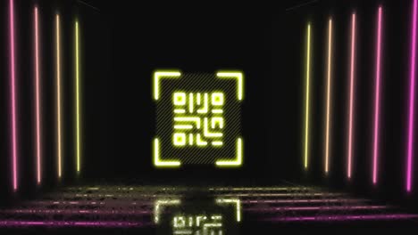 Animation-Von-QR-Code-Und-Neonlinien-Auf-Schwarzem-Hintergrund