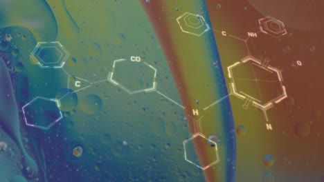 Animation-of-chemical-formula-over-bubbles-on-colorful-background