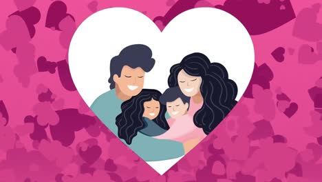 Animation-of-family-icon-with-couple-and-children-and-hearts-on-pink-background
