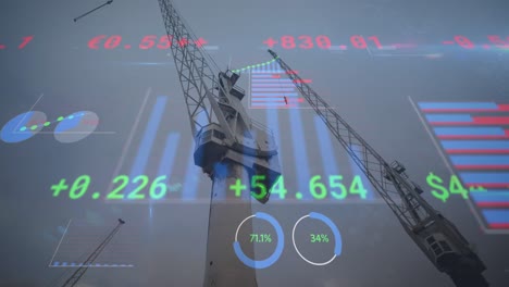 Animation-of-financial-data-processing-over-cranes-in-shipyard