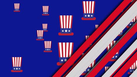 Animation-of-hats-with-flag-of-usa-and-stripes-on-blue-background