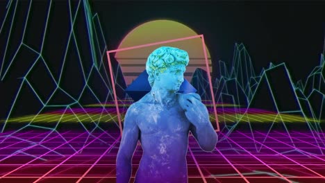 Animation-Einer-Skulptur-Mit-Interferenz-über-Neonformen-Und-Digitalen-Bergen-Auf-Schwarzem-Hintergrund