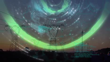 Animation-of-data-processing-and-world-map-over-electricity-pylons