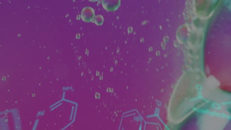 Animation-of-chemical-formula-over-bubbles-on-purple-background