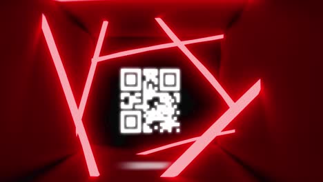 Animation-of-qr-code-and-neon-lines-on-black-background