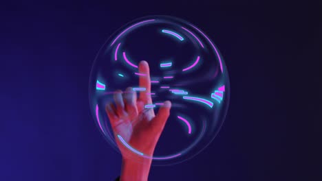 Animation-of-glowing-light-trails-of-data-transfer-and-asian-woman's-hand