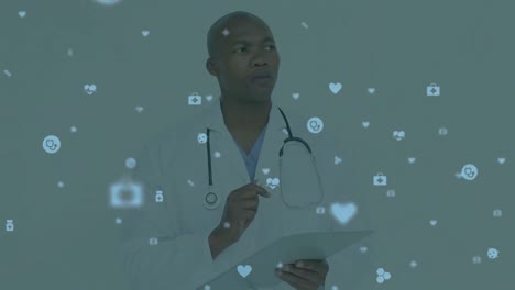 Animation-of-network-of-connections-over-african-american-male-doctor