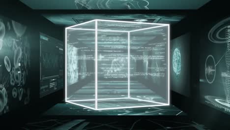 Animation-of-cube,-data-processing-over-screens