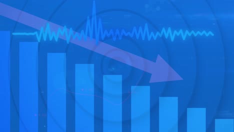 Animation-of-arrow-on-graph-and-soundwave-over-circular-tunnel-against-blue-background