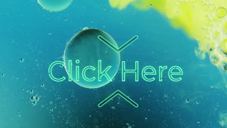 Animation-of-click-here-neon-text-over-close-up-of-baubles-on-blue-background