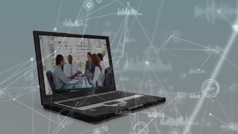 Animation-of-network-of-connections-over-diverse-business-people-on-laptop-screen
