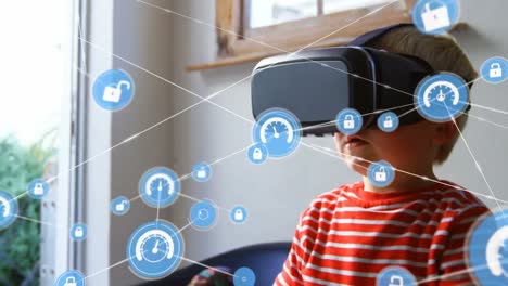 Animation-of-network-of-connections-over-caucasian-boy-using-vr-headset