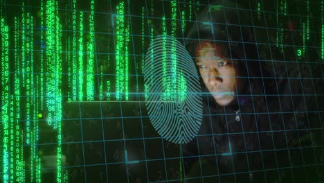 Animation-of-biometric-fingerprint-and-binary-coding-over-african-american-man-using-laptop