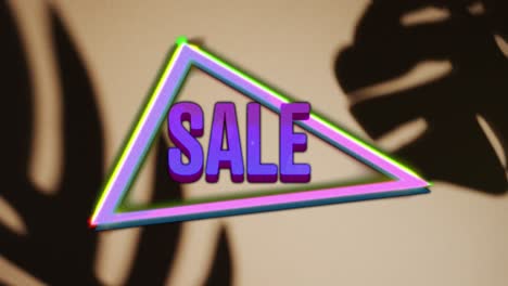 Animation-of-sale-text-over-neon-triangle-and-leaf-pattern