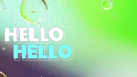Animation-of-hello-text-over-close-up-of-liquid-and-baubles