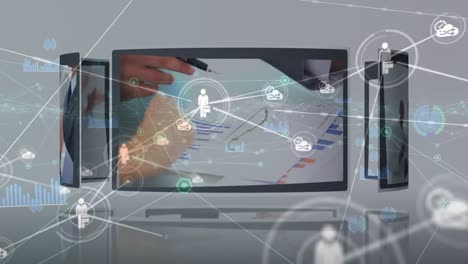 Animation-Des-Netzwerks-Von-Verbindungen-über-Verschiedene-Geschäftsleute-Auf-Dem-Computerbildschirm