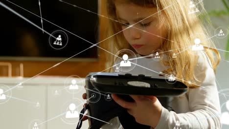 Animation-of-network-of-connections-over-caucasian-girl-using-vr-headset