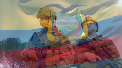 Animation-Der-Flagge-Kolumbiens-über-Kaukasischen-Männlichen-Soldaten,-Die-Mit-Waffen-Gehen