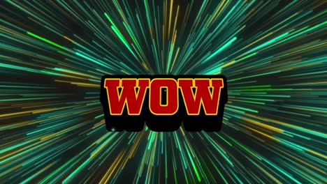 Animation-of-wow-text-over-green-and-yellow-light-trails-on-black-background