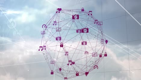 Animation-Eines-Globus-Mit-Digitalen-Symbolen,-Netzwerk-Von-Verbindungen-Und-Datenverarbeitung-Vor-Wolken