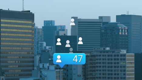 Animation-of-profile-icon-with-increasing-numbers-against-aerial-view-of-cityscape