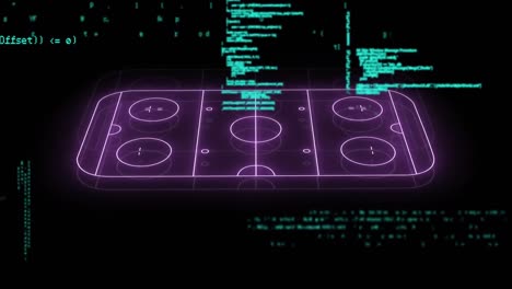 Animation-of-purple-illuminated-sports-court-over-computer-language-against-black-background