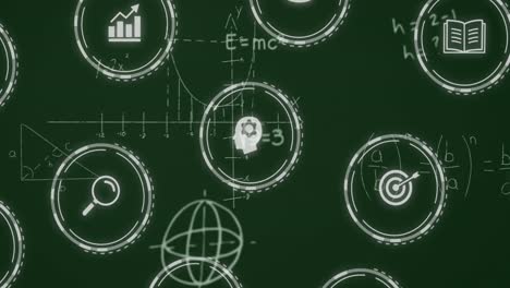 Animation-of-icon-in-circles-over-mathematical-equations-and-diagrams-against-green-background