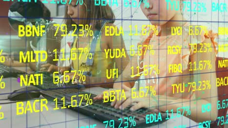 Animation-of-stock-market-data-processing-over-group-of-diverse-girls-using-computer-at-school