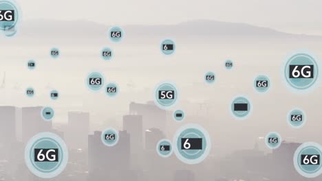 Animation-of-multiple-5g-and-6g-text-banners-floating-against-aerial-view-of-cityscape