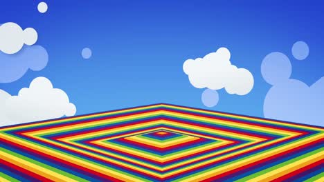 Animation-of-rainbow-coloured-diamonds-waving-over-clouds-on-blue-background