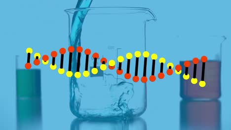 Animation-of-dna-helix-over-liquid-getting-filled-in-beaker-and-liquid-filled-beakers-on-table