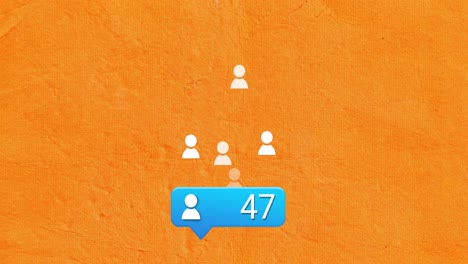 Animation-of-network-of-connections-with-people-icons-and-numbers-over-orange-background