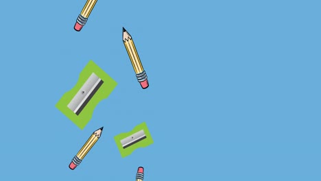 Animation-of-falling-pencils,-sharpeners-and-cutters-against-blue-background