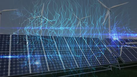 Animation-of-glowing-blue-light-trails-over-spinning-windmills-and-solar-panels-against-blue-sky