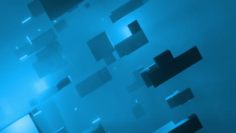 Animation-of-glowing-light-trails-moving-over-cubes-on-blue-background