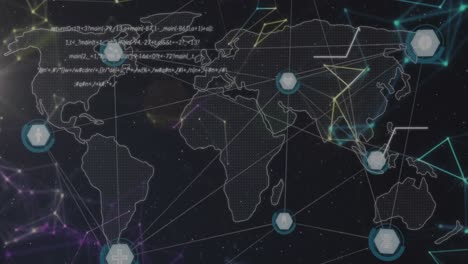 Animation-Eines-Netzwerks-Digitaler-Symbole-Und-Datenverarbeitung-Vor-Einer-Weltkarte-Auf-Blauem-Hintergrund