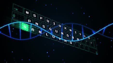 Animation-of-spinning-dna-structure-over-data-processing-and-blue-glowing-spots