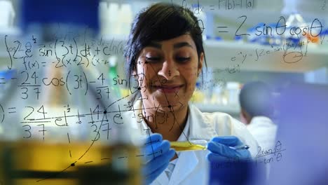Animation-of-mathematical-equations-over-biracial-female-scientist-holding-a-test-tube-at-laboratory