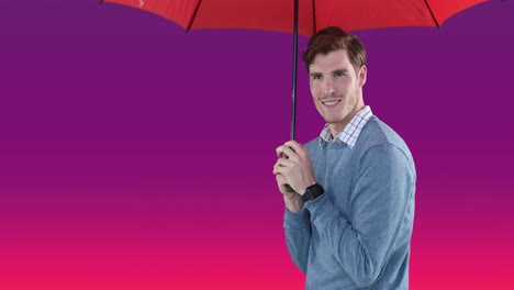 Animation-of-caucasian-businessman-holding-red-umbrella-on-pink-background