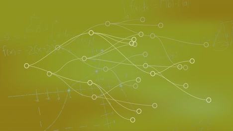Animation-of-mathematical-equations-over-network-of-connections-on-green-background