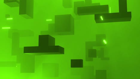 Animation-of-glowing-light-trails-moving-over-cubes-on-green-background