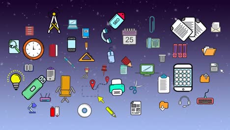 Animation-of-business-and-education-icons-moving-on-blue-background