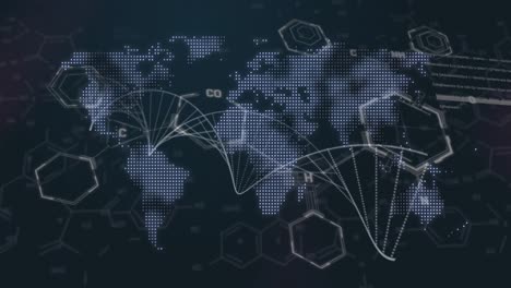 Animation-of-dna-and-chemical-structures-over-world-map-against-black-background