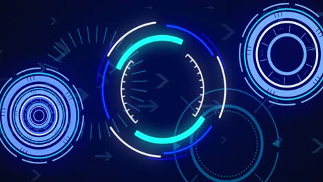 Animation-of-multiple-neon-round-scanners-and-arrow-icons-moving-against-blue-background